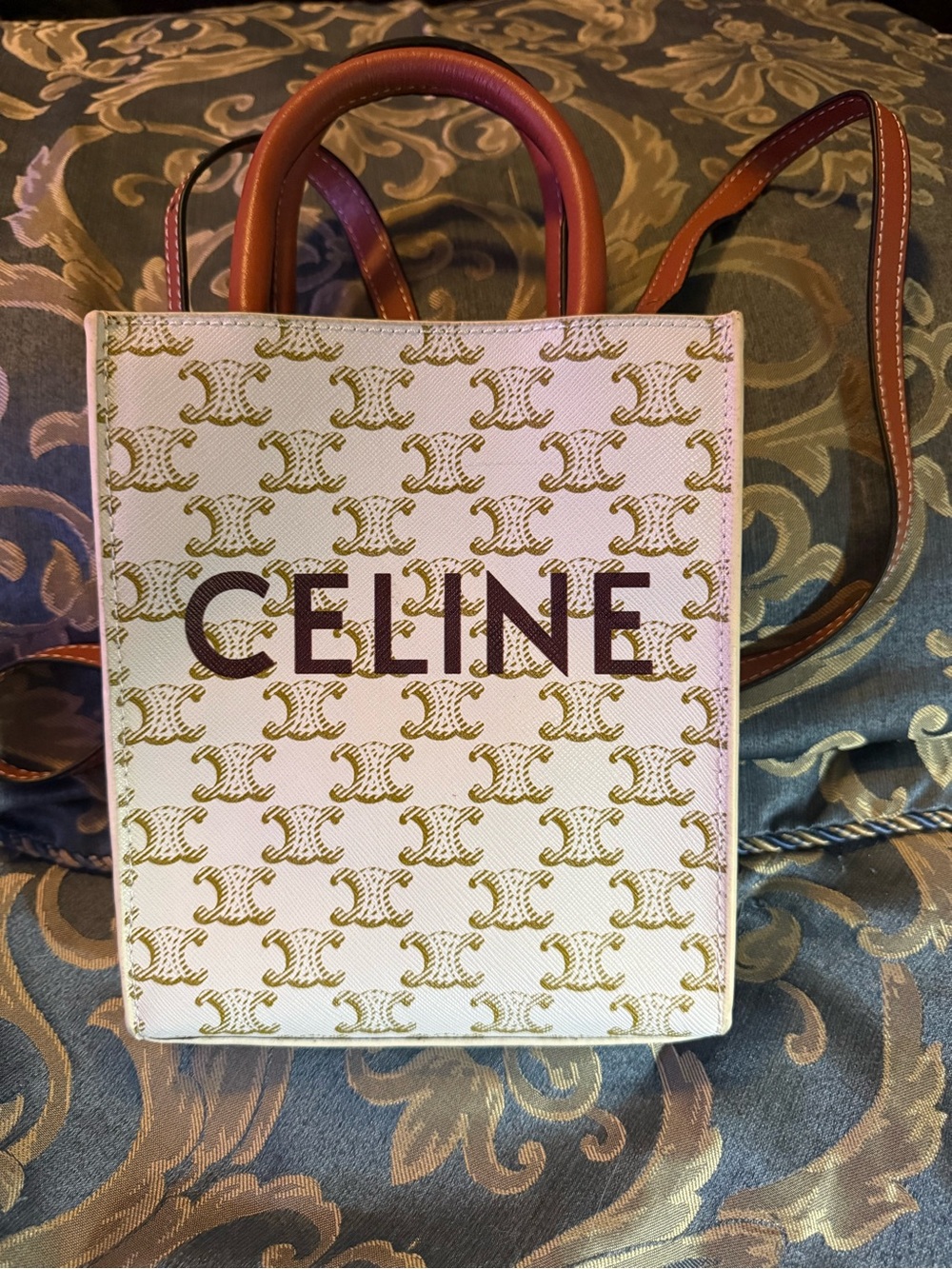 C Inspired Small Logo Canvas Tote in White and Brown